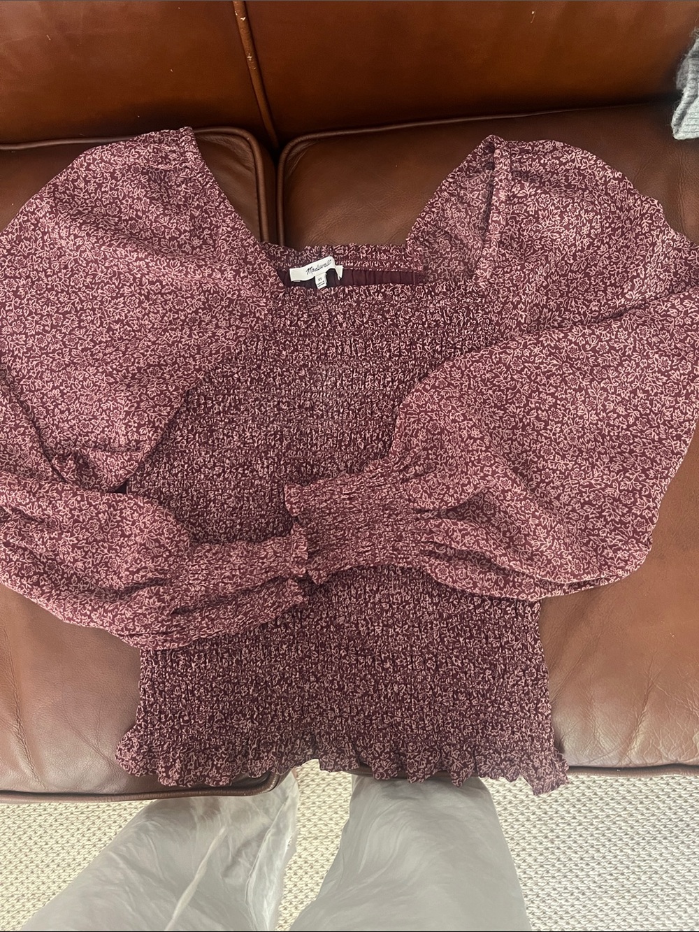 Madewell Smocked Puff Sleeve Women's Top in Maroon Floral